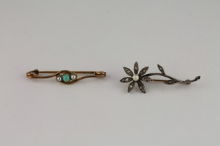 A floral set bar brooch set rose diamonds and pearl and a bar  brooch set turquoise