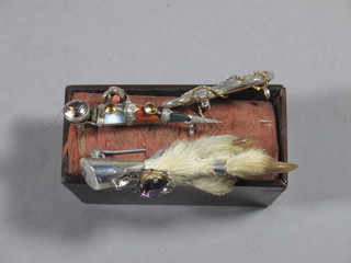 A Victorian rectangular rosewood pin cushion together with a  grouses claw brooch and 2 other Victorian brooches set hardstone