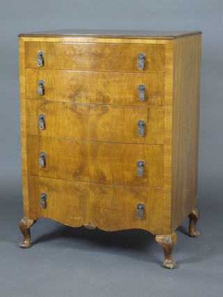 A 1930's Queen Anne style figured walnut bow front chest of 5  long drawers raised on cabriole supports 30"