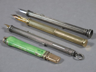 A Russian gold and green enamelled pen case, enamel f, marked  56AH together with a silver propelling pencil by Morden, 1 other  propelling pencil and a rolled gold dip pen