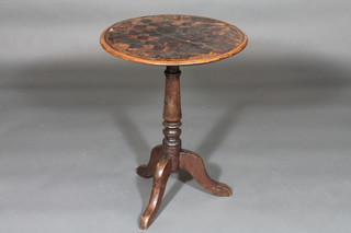 A Victorian turned elm pedestal games table, the leather top decorated a chess board 20"