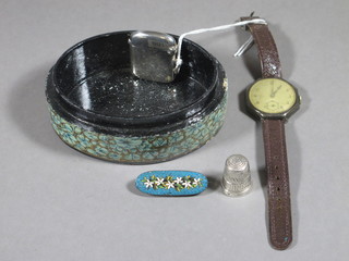 A gentleman's Ingasol wristwatch in an octagonal silver case, a silver vesta case, a silver thimble and a micro mosaic brooch