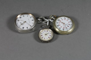 An open faced pocket watch by H Samuel contained in a silver case, an open faced fob watch in a Continental silver case and a  Continental open faced pocket watch in a plated case