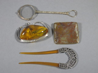 A square agate and gilt mounted brooch, an "amber" and gilt  metal pair of lorgnettes and an Edwardian hair slide set brilliants