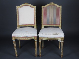 A pair of French style salon chairs with upholstered seats and backs, raised on turned and fluted supports