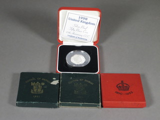 A silver 1935 Jubilee medallions, a silver 1998 proof 50 pence piece and 2 festival of Britain crowns