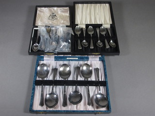 A set of 6 silver plated soup spoons and 2 sets of 6 tea spoons