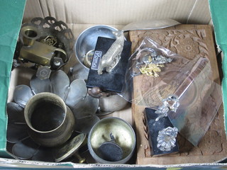 A small collection of silver plate, a carved wooden box and other curios