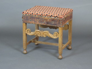A rectangular carved oak box seat stool with hinged lid, raised on square supports with H framed stretcher 18"