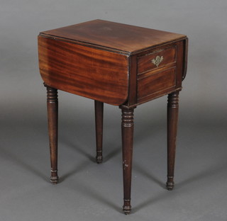 A 19th Century mahogany drop flap work table fitted 1 long  drawer raised on turned supports 19"