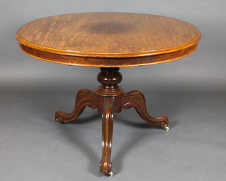 A Victorian circular mahogany snap top breakfast table, raised on  pillar and tripod supports 40"