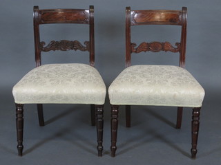 A set of 6 mahogany Georgian bar back dining chairs with carved  mid rails and upholstered seats  ILLUSTRATED