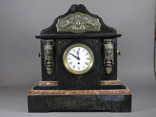 A Victorian French mantel clock with enamelled dial and Roman numerals contained in a black architectural case, missing side  piece, 20"