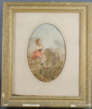 A Victorian 3 dimensional paper and grass picture of a seated girl  with turkey's, 14" oval