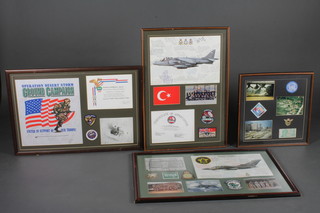 An Operation Desert Storm ground campaign poster 21" x 31" signed, together with a Intelligence Agency certificate to Flight  Lieutenant Peter Probert, a framed print of a 31 Squadron  Tornado GR1 and with various cloth insignia 22" x 34", a framed  print of a Harrier GR7 and an operation certificate of  appreciation and various cloth insignia 26" x 17 1/2", together  with a frame containing various photographs and a United  Nations badge etc 18" x 17"