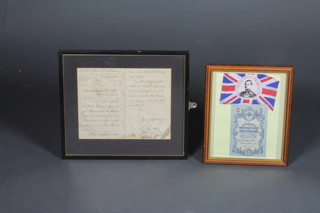 A Great Northern Railway Company 3% stock share dated 8 June  1898 8" x 10", an Edward VII printed Coronation flag 3" x 6"  and a Russian bank note, contained in 2 frames