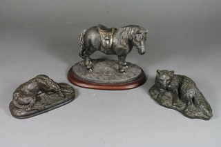 A bronzed figure of a standing saddled pony 5" together with a  bronzed figure of a seated greyhound 6"