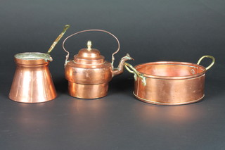 A 19th Century circular copper kettle the handle marked  Augcolsen Kristiansund, an oval copper twin handled planter 9"  and a copper and brass spouted jug