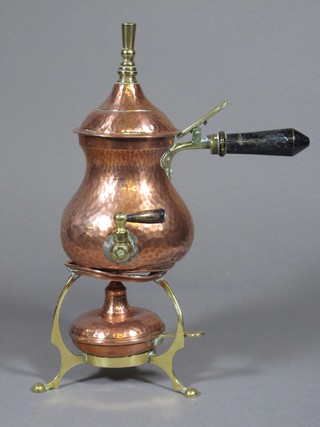 An Art Nouveau planished copper and brass spirit kettle and  burner, the base marked LW RD 341440