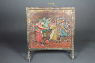An embossed copper fire screen decorated a tavern scene, 25"