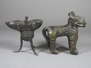 An Eastern bronze figure of a standing mythical beast 6" and a  bronze double spouted jug