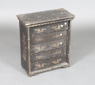 A 19th Century Oriental style lacquered chest of 5 long drawers  17"