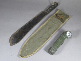 A War Office issue machete the blade marked JJB 1946 and a  military issue torch