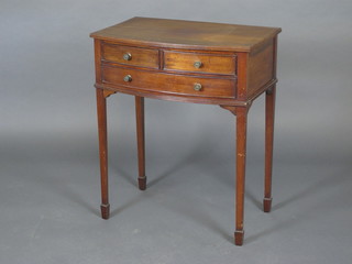 A Georgian style mahogany bow front side table fitted 2 long drawers above 1 long drawer, raised on square tapering supports  24"
