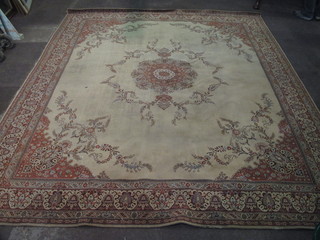 A brown ground machine made Persian style carpet with central medallion 127" x 108"
