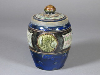 A Doulton Lambeth biscuit barrel to commemorate the Coronation of Edward VII, cracked, 6"