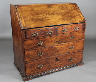 An 18th Century mahogany bureau the fall front revealing a well  fitted stepped interior above 2 short and 3 long drawers with  brass swan neck drop handles 39"