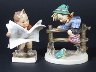 2 Hummel figures - seated boy reading a newspaper, newspaper chipped, 5" and Retreat to Safety