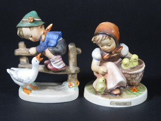 2 Hummel figures - Chick Girl 3 1/2" and boy climbing a style encountering a goose