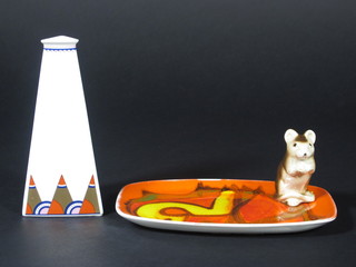 A Poole Pottery rectangular dish, an Atomic orange dish the reverse marked 361 7", a Poole Pottery Iona triangular vase 5  1/2" and a Poole figure of a mouse 2"