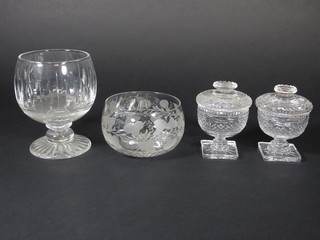 2 circular cut glass lidded jars and covers raised on square bases 3 1/2", an etched glass finger bowl 4 1/2" amd a pedestal glass  bowl 4"