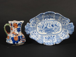 A 19th Century Ironstone Nankeen blue and white dish 10 1/2"  and a Masons style jug 5"