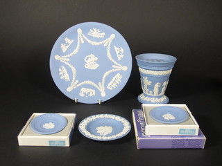 A waisted Wedgwood Jasper blue vase 5", do. plate 9" and 4  various Wedgwood ashtrays
