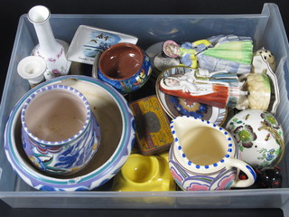 A circular Poole dish 6" cracked, do. vase 3" cracked, a Honiton  jug 2" and a collection of decorative ceramics