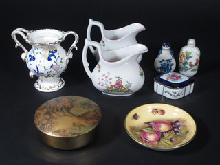 A Coalport twin handled urn with floral decoration 4", lid missing, 2 Spode Pearl River sauce boats, 2 miniature snuff  bottles etc