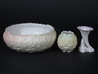 A Worcester Block & Co circular bowl 8", a Worcester Crown Chinaworks floral vase 3" and a Beleek cornucopia shaped vase  with black Beleek mark 4"
