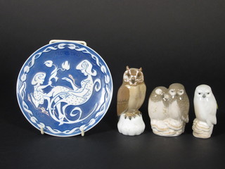 A Royal Copenhagen 1973 Mother's Day plate 6", do. figure of  an owl 4", ear chipped, and 2 other owls 3"