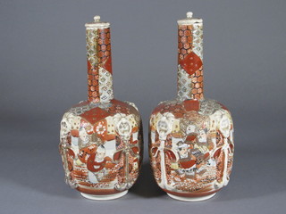 A pair of late Japanese Satsuma bottle jars and covers decorated  court figures 10"