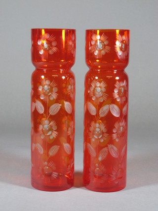 A pair of cylindrical amber overlay glass vases 9"