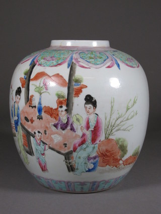 An Oriental ginger jar decorated court figures 9", no lid,