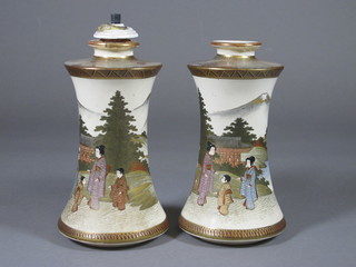 A pair of Japanese Satsuma waisted porcelain vases 7 1/2", rims  f and r,