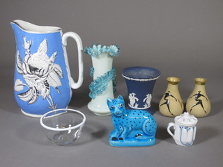 An Oriental glass bowl 3", pair of club shaped vases 3", a  Jasperware vase etc