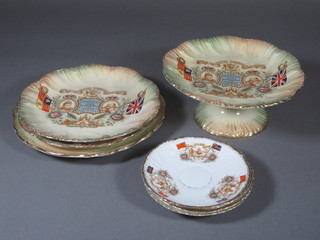 An Edwardian 4 piece dessert service to commemorate the Coronation of Edward VII comprising comport 9", serving plate  9 1/2" and 2 plates 9" - 1 chipped, together with 4 Edward VII  Coronation saucers