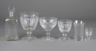 A suite of 39 19th/20th Century panel cut glasses comprising 10 rummers, 7 wine glasses, 7 port glasses, 8 sherry glasses, 7  liqueur glasses and 5 etched glass tumblers and a square glass  decanter  ILLUSTRATED
