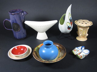 An Art Pottery Craft Studio white glazed boat shaped vase 9" and  a collection of 1950's Art Pottery