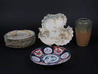A brown glazed Art Pottery vase 7", an Imari porcelain plate with panel decoration 8 1/2" and a 6 piece Limoges dessert  service with floral decoration - 2 plates cracked and 2 chipped,  the reverse marked Made for MacDouglas & Sons of Glasgow